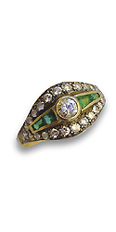 antiker Diamantring 
mit Smaragden,
18 Kt. Gelbgold